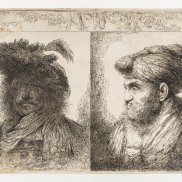 Giovanni Benedetto Castiglione: Kopf eines Mannes im Schatten, Kopf eines Mannes mit federgeschmücktem Turban und zwei Pastoralen, Radierung (1. Zustand) © GDKE Landesmuseum Mainz, Foto: A. Garth Giovanni Benedetto Castiglione: Kopf eines Mannes im Schatten, Kopf eines Mannes mit federgeschmücktem Turban und zwei Pastoralen, Radierung (1. Zustand) © GDKE Landesmuseum Mainz, Foto: A. Garth