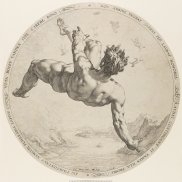 Hendrick Goltzius, nach Cornelis Cornelisz. van Haarlem, Phaeton, 1588, Kunstsammlung der Gorg-August-Universität Göttingen, Foto: Colin Reiss Ein schwarz-weiß Zeichnung eines durchtrainierten nackten Mannes, der mit dem Rücken voran aus dem Himmel fällt.