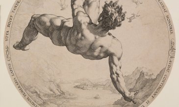 Zeichnung eines Mannes, nackt, rückwärts vom Himmel fallend 