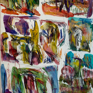 Abstraktes, farbintensives Bild mit mehreren Feldern aus überlagerten Pinselstrichen und gestischen Linien in Grün, Blau, Rot und Violett.