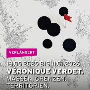 Grafik mit schwarzen Punkten, rotem Fähnchen und Text: „Véronique Verdet. Verlängert bis 11.01.2026“