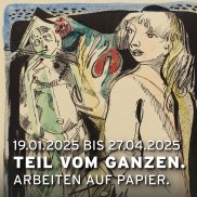 Ansicht des Werkes von Curth Georg Becker »Je t`embrasse«, o.J.,  Wasserfarben über S/W-Lithographie auf Papier mit weiblichem Akt und Harlekin.