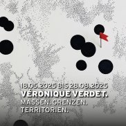Auf dem Bild sind verschiedengroße schwarze Punkte sichtbar, das Bild erinnert an eine Landkarte. In der Mitte des Bild sieht man ein rotes Fähnchen.  