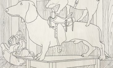 Holzschnitt eines Hundes der auf einem Tisch steht und einen Sattel trägt. Ein Schwein steht auf dem Hund in einem Gürtel. Im Hintergrund sitzt ein Kind auf einem Schaukelpferd und hält eine Peitsche. Die Szene findet in einem Innenraum statt.