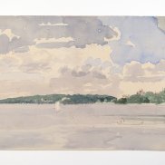 Paul Wilhelm Keller-Reutlingen: Konstanz, Aquarell, Kunstmuseum Reutlingen. Malerei eines Sees mit Boot, Landschaft und Häuser im Hintergrund