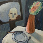 Malerei mit Tisch, Teller, Messer und Gabel, Vase und Blumen, Fernseher und ein Gesicht