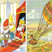 Links: Lurchis Abenteuer, Band 1, S. 14 (Detail), Rechts: Mecki im Schlaraffenland "Wie wir das Schlaraffenland verließen" (Detail). Links ein Ausschnitt aus Lurchis Abenteuer: Lurchi zeigt dem Zwergenkönig seine ledernen Schuhe, Rechts Mecki, der in seinem Heißluftballon über eine märchenhafte Landschaft fliegt