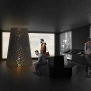 Blick in die Ausstellung - In der Mitte ist eine große Feuerseule arrangiert, in der die Bücherverbrennung stattfindet. Daneben große Leinwände mit aufmarschierenden Nazitruppen.