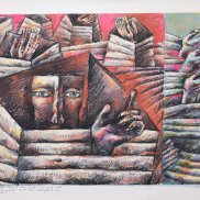 Gertrud Hornung: Wisst ihr denn nicht? Hört ihr denn nicht?, 1974, Farbzeichnung, Siebenbürgisches Museum