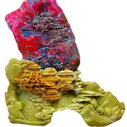 Hühnerblutstein auf Schichtstein - Darstellung einer Kloster- und Tempelanlage am Berg