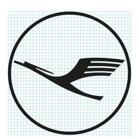 Grafik: vor einem weiß-blau karierten Raster ist in einem schwarzen Kreis eine schwarze Zeichnung eines stilisierten Kranichs zu sehen