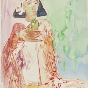 Auf dem bunten Aquarell ist ein gemalter Harlekin sichtbar, der den Blick auf den Betrachter wirft. Er trägt einen rötlich karierten Umhang, hat eine Kopfbedeckung und hält etwas in der Hand. Der Hintergrund besteht aus wässrigen grün und Blautönen.