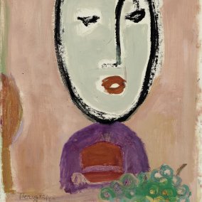 The painting shows a large, egg-shaped head in light green against a pink background, outlined in black, with narrow black eyes, a curved nose and a reddish-brown mouth. Below the head is a purple torso with a red rectangle, and a bunch of green grapes can be seen at the bottom right.