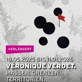 Grafik mit schwarzen Punkten, rotem Fähnchen und Text: „Véronique Verdet. Verlängert bis 11.01.2026