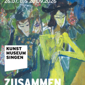 Bannière de l'exposition « Interaction. Les artistes de Höri » devant un détail coloré d'un tableau représentant deux personnages.
