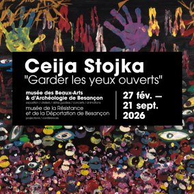 Poster for the exhibition "Ceija Stojka. Keeping your eyes open". A poster combining a multitude of eyes and colorful handprints.