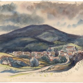 Aquarell von Otto A. Braun von 1956 mit dem Blick auf die Cité in Baden-Baden und dem Fremersberg im Hintergrund