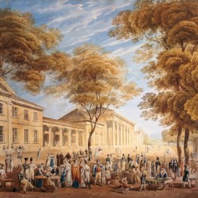 Kurhaus und -garten in Baden-Baden um 1825, Aquarell von Carl Ludwig Frommel