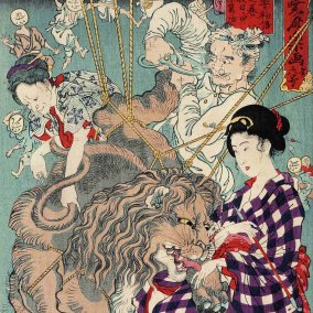 Kawanabe Kyosei: Die Liebe eines Löwen zu einer jungen Frau, nach einer Fabel von Aesop, 1874, Oban, Nr. 6 der Kyosai Rakuga