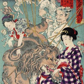 Kawanabe Kyosei: Die Liebe eines Löwen zu einer jungen Frau, nach einer Fabel von Aesop, 1874, Oban, Nr. 6 der Kyosai Rakuga