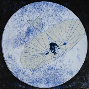 Otter-17, Otto Fliegt XI, 2022, 60 x 50 cm, Linolschnitt, Foto: Eyal Pinkas 