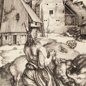 Die Druckgrafik von Albrecht Dürer zeigt in feinen Linien im Vordergrund einen Bauern mit seinen Schweinen. Dahinter befindet sich ein Heuhaufen. Weiter über den Hof geblickt erkennt man mehrere Gebäude eines Bauernhofes. 