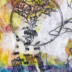 Abb.: Martin Conrad, aus dem Zyklus »Fünfhändige Winde zu BaldAnders« (Detail), 2011, Aquarell, Ölzeichnung auf Papier, 55 x 75 cm, Eigentum Simplicissimus-Haus Renchen