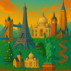 Bild zeigt spielerisch die Bauwerke, die aus Klemmbausteinen in der Ausstellung umgesetzt werden. 