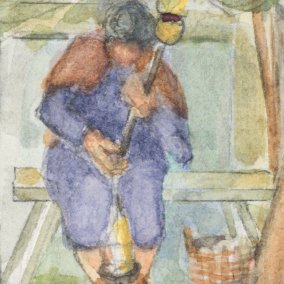 Ausschnitt aus der Panoramawand: Frau mit Handspindel