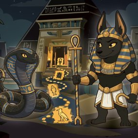 Schlange und Anubis vor ägyptischer Pyramide mit Rätselpfad