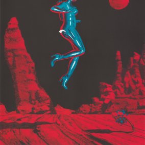 Redhaired hovering women in front of dark backround