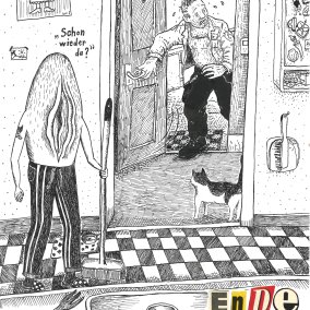 © Simone F. Baumann und Thomas Ott, «Heiri und Gundula in Sexpresso», Tusche und Collage auf Papier, 2023, für Fanzine ‹2067›, Nr. 52 Man enters and is greeted by vulva with legs