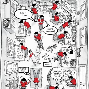 © Alison Bechdel «Drawn from Life» The New Yorker 2012 Zimmer aus der Vogelperspektive, dieselbe Figur mehrmals