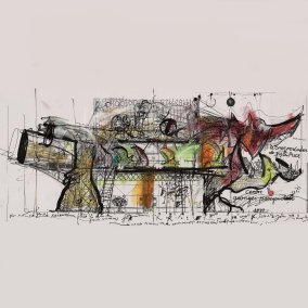 Bernhard Luginbühl et Jean Tinguely, Le Crocrodrome de Zig & Puce, 1977, 55 × 120 cm, dépliant d’exposition remanié au feutre noir, gouache et collage © 2025 Pro Litteris, Zurich, Musée Tinguely, Bâle, donation Prof Dr Roland Bieber en souvenir de Karola Mertz-Bieber