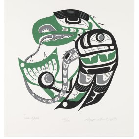 Eagle curling up in the colours green, black and grey.