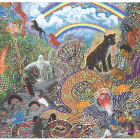 Titelbild der Ausstellung - gezeichnete Fantasiewelt mit Fabelwesen, Menschen, schwarzem Panther, Regenbögen