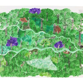 Bild eines Waldes, in dem vereinzelte Bäume violett und rötlich blühen und in dem sich Tiere verstecken.