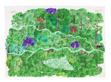 Territorio indígena la sábana – Zeichnung von Abel Rodríguez aus Kolumbien mit einem grasgrünen Wald, einzelnen lila Bäumen, wenigen Tieren und einer Weggabelung