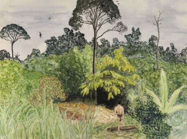 Painted rain forest with various trees and plants under grey sky, one man is walking into the forest at the bottom of the picture.