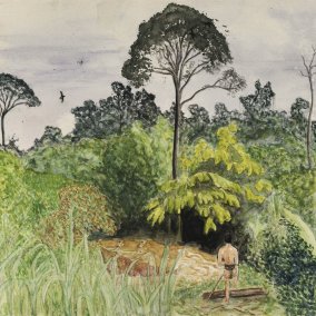 Painted rain forest with various trees and plants under grey sky, one man is walking into the forest at the bottom of the picture.