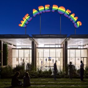 Ugo Rondinone, we are poems, 2011, Neon, acrylic glass, translucent foil, aluminum, Object 370.5 x 1000 x 14.5 cm / 145 3/4 x 393 3/4 x 5 3/4 in, Private Collection, Switzerland, Courtesy Studio Rondinone, Galerie Eva Presenhuber, Sadie Coles HQ, Esther Schipper Gallery, Mennour, Gladstone Gallery, and Kukje Gallery, © Ugo Rondinone