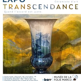 Affiche de l'exposition avec, au centre, un vase en porcelaine devant une toile peinte. 