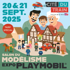 Affiche salon du modélisme les 20 et 21 septembre 2025 À l’occasion des Journées Européennes du Patrimoine, la Cité du Train - Patrimoine SNCF à Mulhouse accueille la 17e édition du Salon du Modélisme avec son exposition Playmobil®. Un rendez-vous incontournable pour les passionnés de modélisme ferroviaire, maquettes, modèles réduits et Playmobil®.