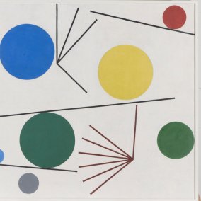 Sophie Taeuber-Arp, Cercles et barres, 1934<br>Öl auf Leinwand, 64 x 74 cm<br>Aargauer Kunsthaus / Anonyme Schenkung, 2005<br>Foto: Brigitt Lattmann
