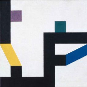 Camille Graeser (1892–1980), «Konstruktion mit sechs Farbakzenten», 1949 Öl auf Leinwand, 40 x 60 cm Aargauer Kunsthaus / Schenkung der Camille Graeser-Stiftung, Zürich 2025, ProLittteris, Zürich Ein Bild mit geometrischen Formen in verschiedenen Farben vor weissem Grund