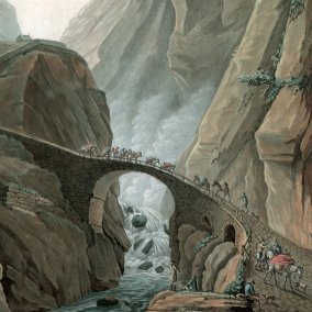 Das Werk «Victori Pacifico (Teufelsbrücke)» (1788), gemalt von Charles-Melchior Descourtis nach Caspar Wolf, das eine Brücke mit einem Menschenzug zeigt