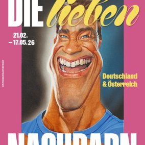 Erich Sokol, Arnold Schwarzenegger, 1993, Aquarell, Acryl, Tusche, Bleistift, Sprühlack auf Karton, Inv.Nr. KS-11033, Landessammlungen NÖ © Annemarie Sokol Ausstellungsplakat, Gestaltung: Studio Aufbruch