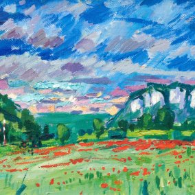 Hans Bucher, Donautal bei Hausen, o. J., Öl auf Leinwand, 40 x 70 cm. © Hans Bucher Stiftung, Fridingen.