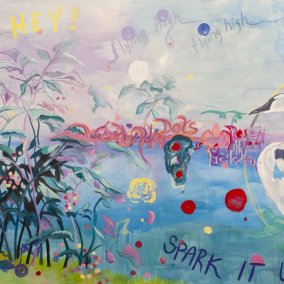 Charlotte Eschenlohr / Maureen Jeram,  Swanlake, 2023, Mixed  Media auf Leinwand,  215 × 400 cm. Foto: Florian Hubalek.