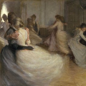 - René Xavier PRINET, « Entre amies (leçon de danse), 1891 © Collection du MBAA de Besançon Des amies dansent au son du piano dans une grande salle de bal.